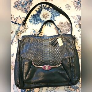 COACH MADISON GLITTER PYTHON SADIE FLAP SATCHEL F26338 SILVER/BLACK